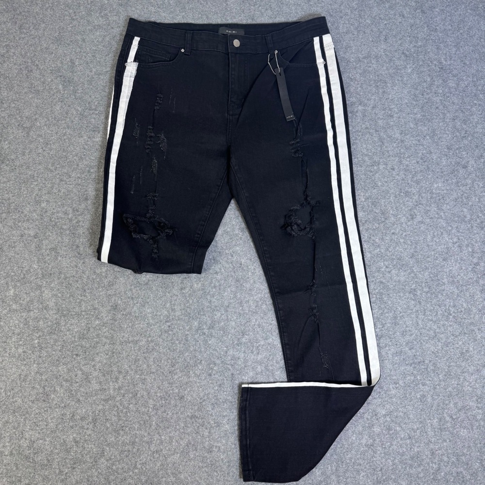 Amiri Mens Black Distressed Track Jeans White Side Stripe Size 38 Made in USA